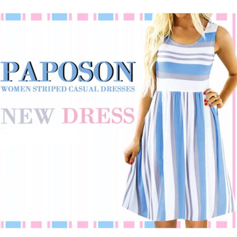 Brand New! Paposon Blue & White Striped Casual Dress Small Spring‎ Summer Wear